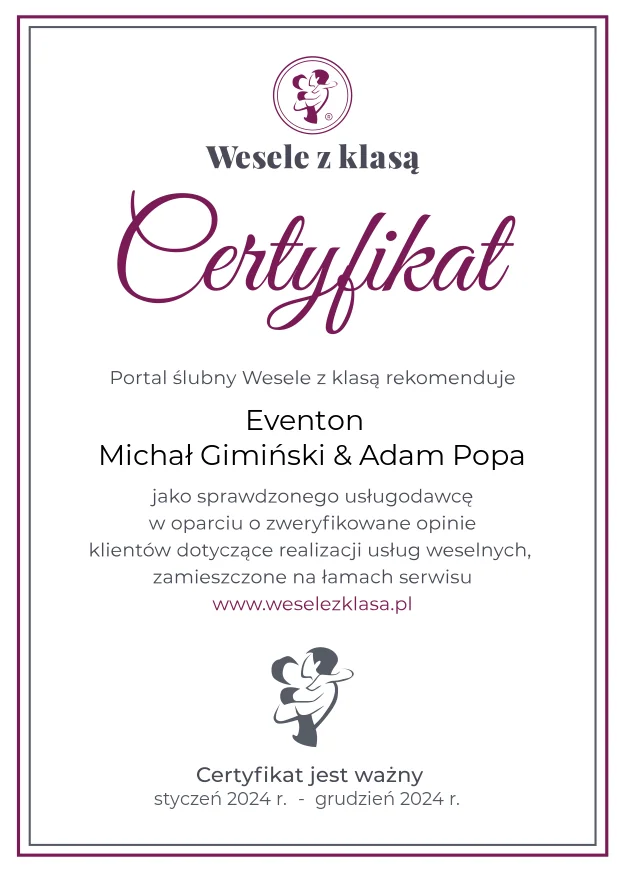 Certyfikat Wesele z Klasą dla Eventon